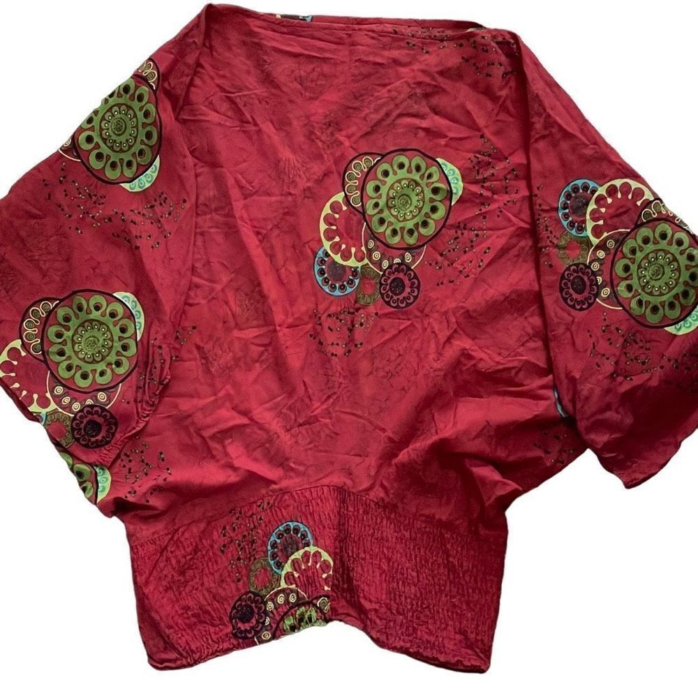Chaitanya Womens Butterfly Sleeve Blouse Top Medallion Red Free Size